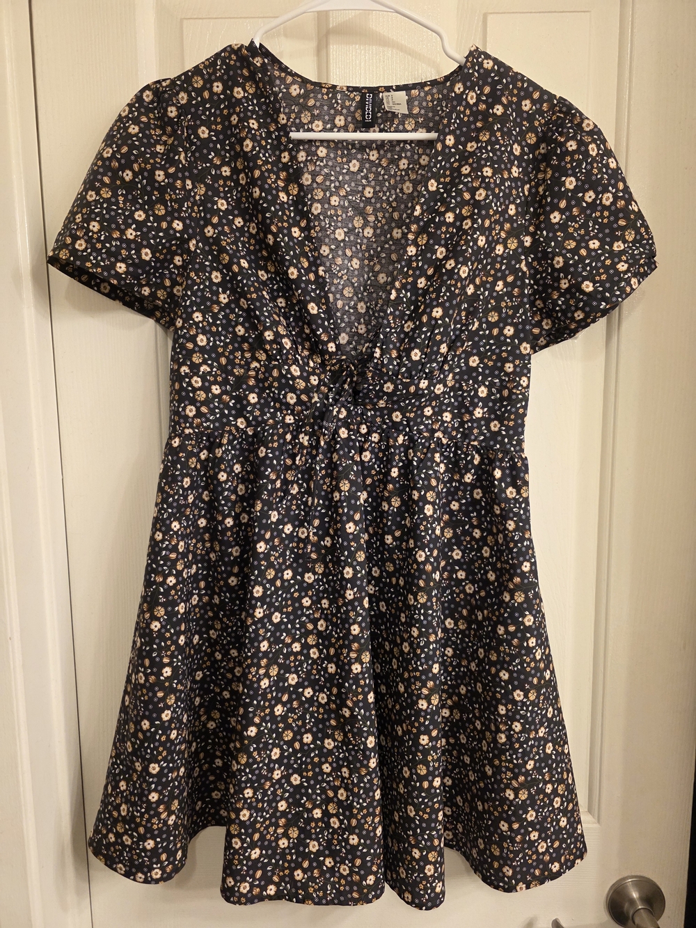 H&M Navy Floral Short-Sleeve Empire-Waist Dress